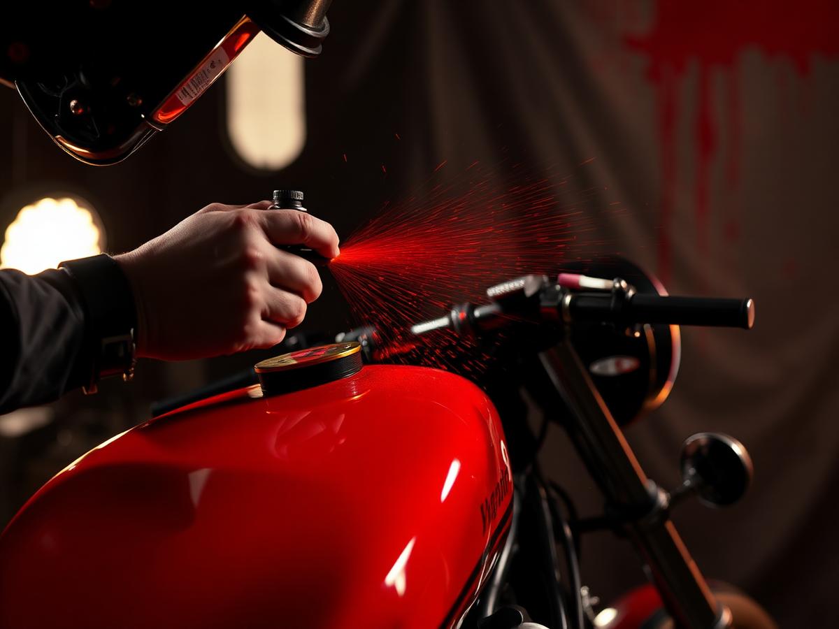 Painter spraying candy red on a motorcycle tank