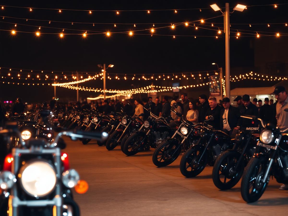 Custom bikes lined up at a night motorcycle show